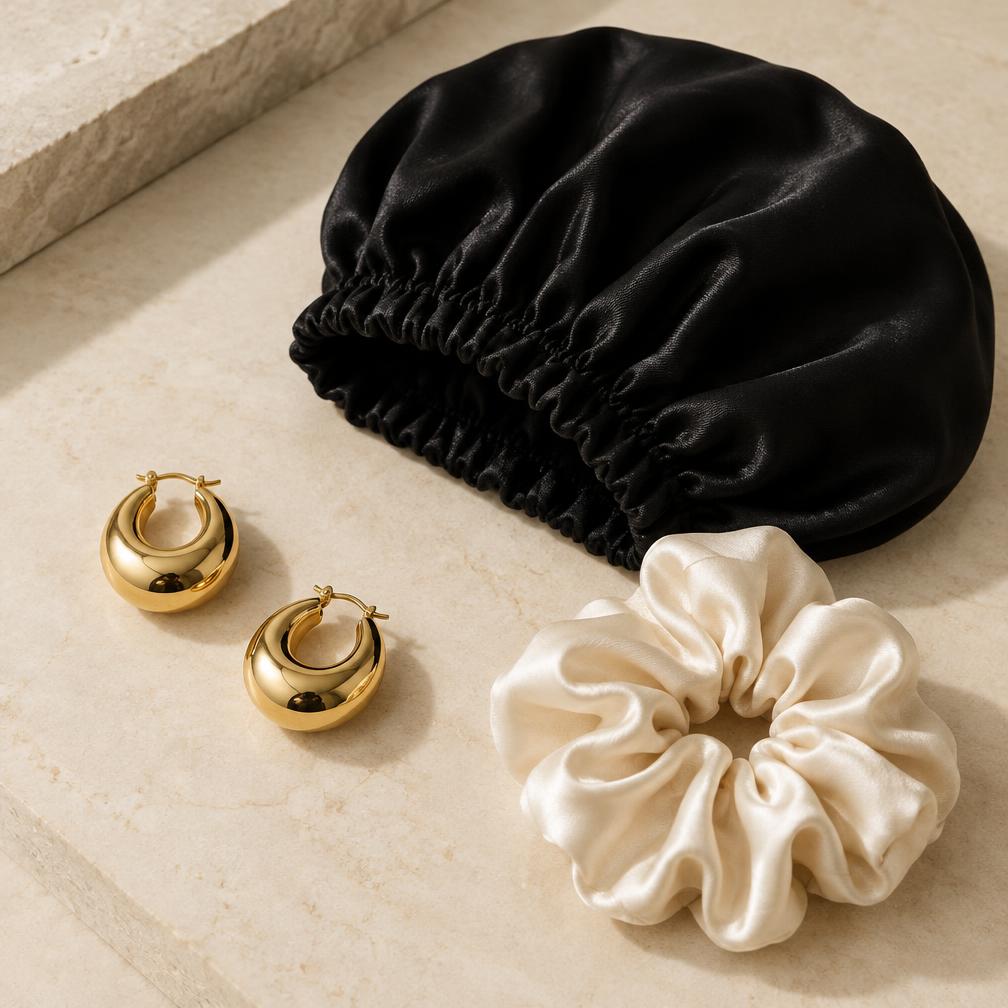 Gold earrings and silk hair accessories